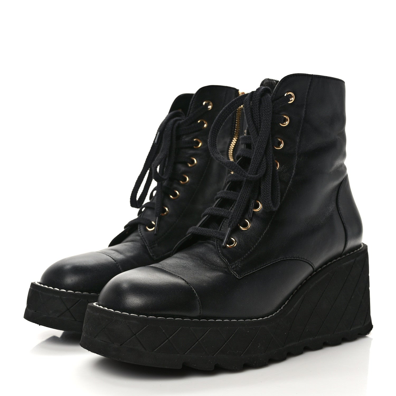 Chanel Lambskin Quilted Lace Up Wedge Combat Boots 39.5 Black 3 of 6