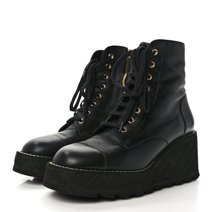 Chanel Lambskin Quilted Lace Up Wedge Combat Boots 39.5 Black 3 of 6