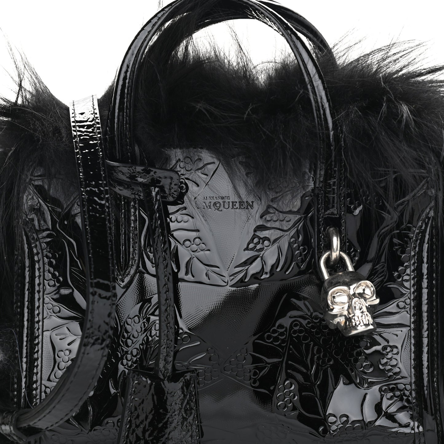 Patent Faux Fur Mini Skull Padlock Zip Around Tote Black
