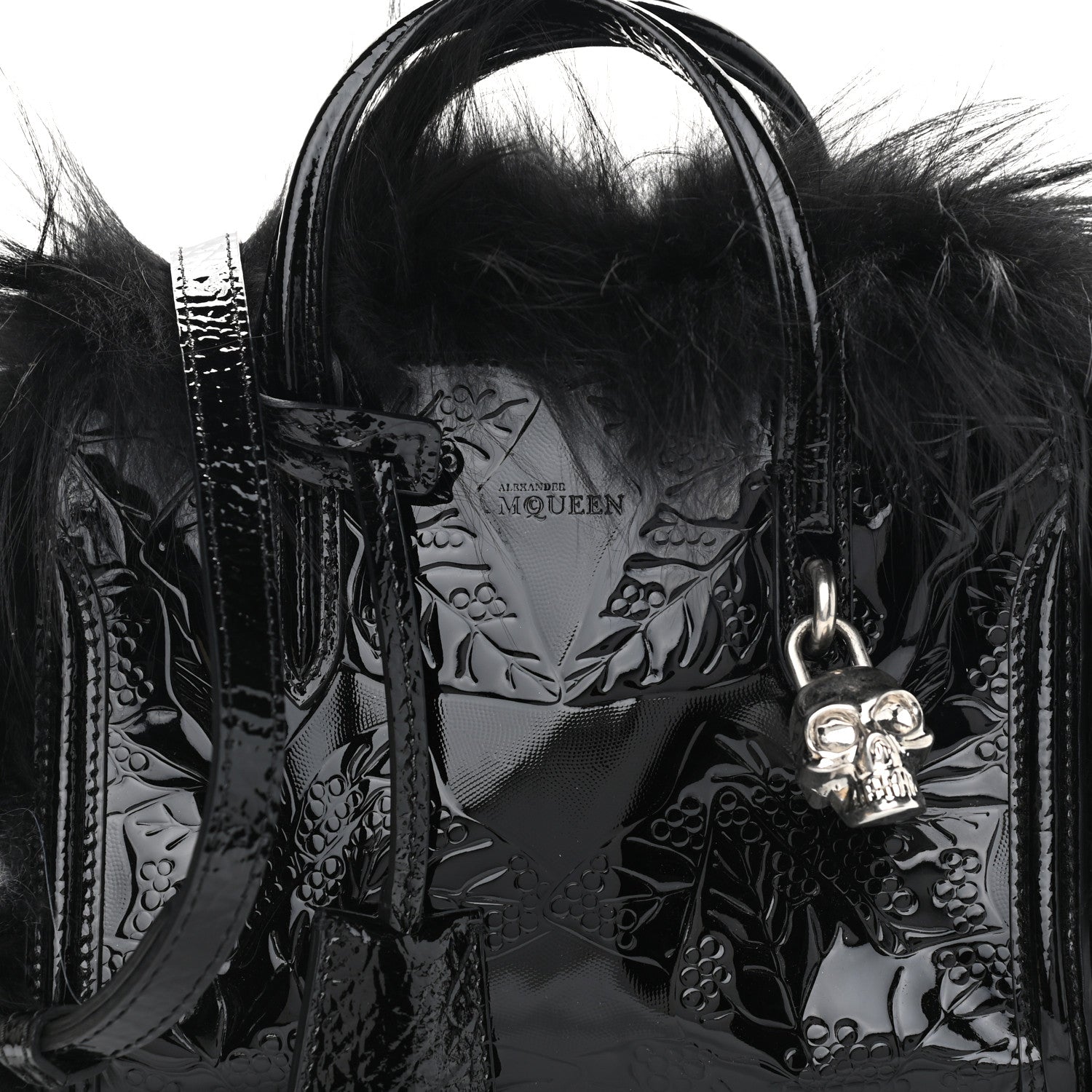 Alexander McQueen Patent Faux Fur Mini Skull Padlock Zip Around Tote Black 8 of 10
