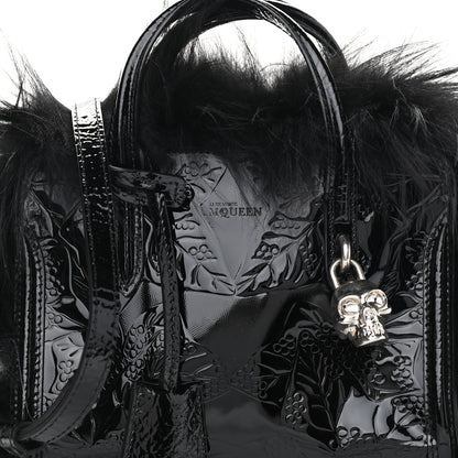 Alexander McQueen Patent Faux Fur Mini Skull Padlock Zip Around Tote Black 8 of 10