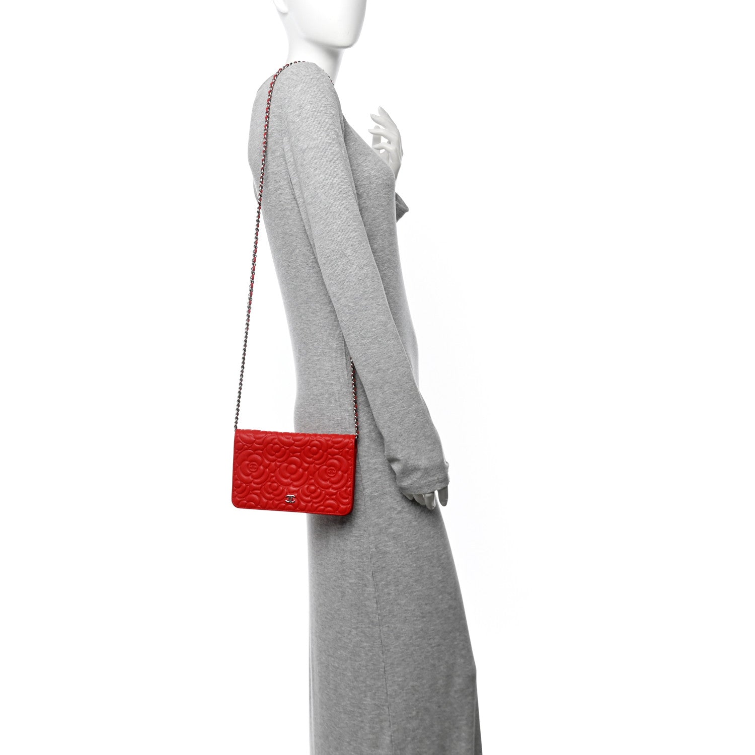 Chanel Lambskin Camellia Embossed Wallet on Chain WOC Red 2 of 12