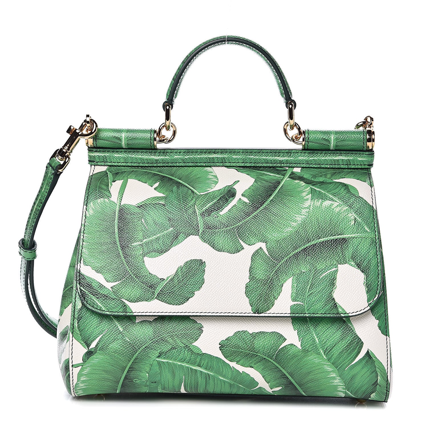 Dolce & Gabbana Dauphine Banana Leaf Print Medium Miss Sicily Satchel Green White 1 of 10