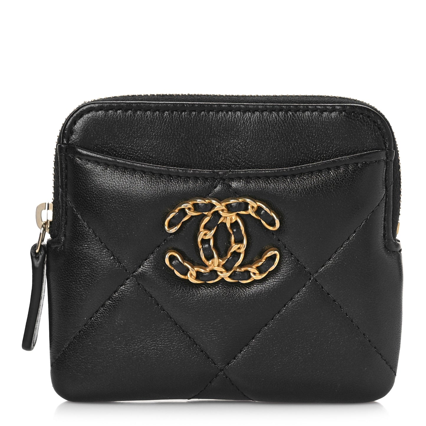Lambskin Quilted Chanel 19 Zip Card Holder Wallet Black