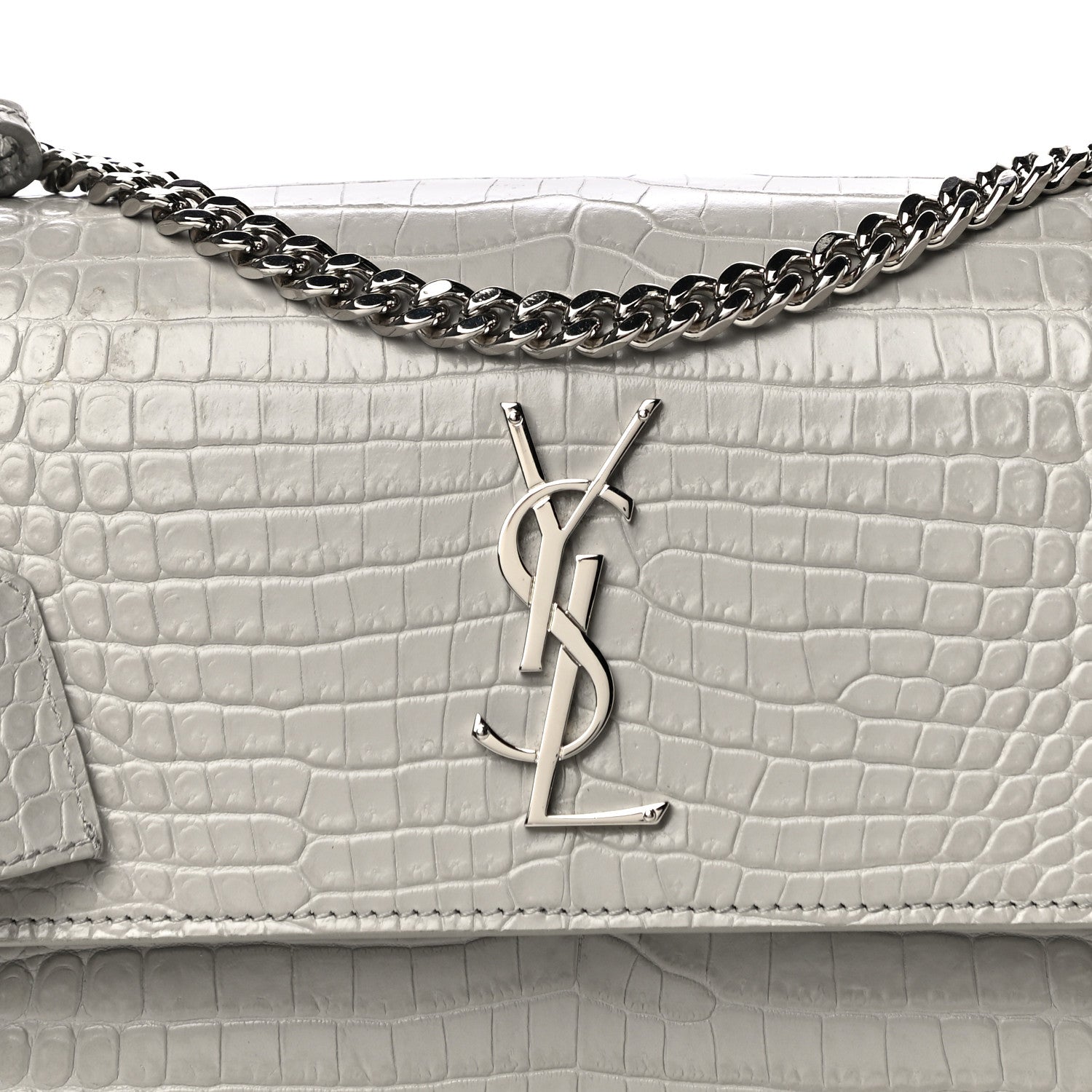 Saint Laurent Calfskin Crocodile Embossed Medium Monogram Sunset Gris Perle 8 of 14