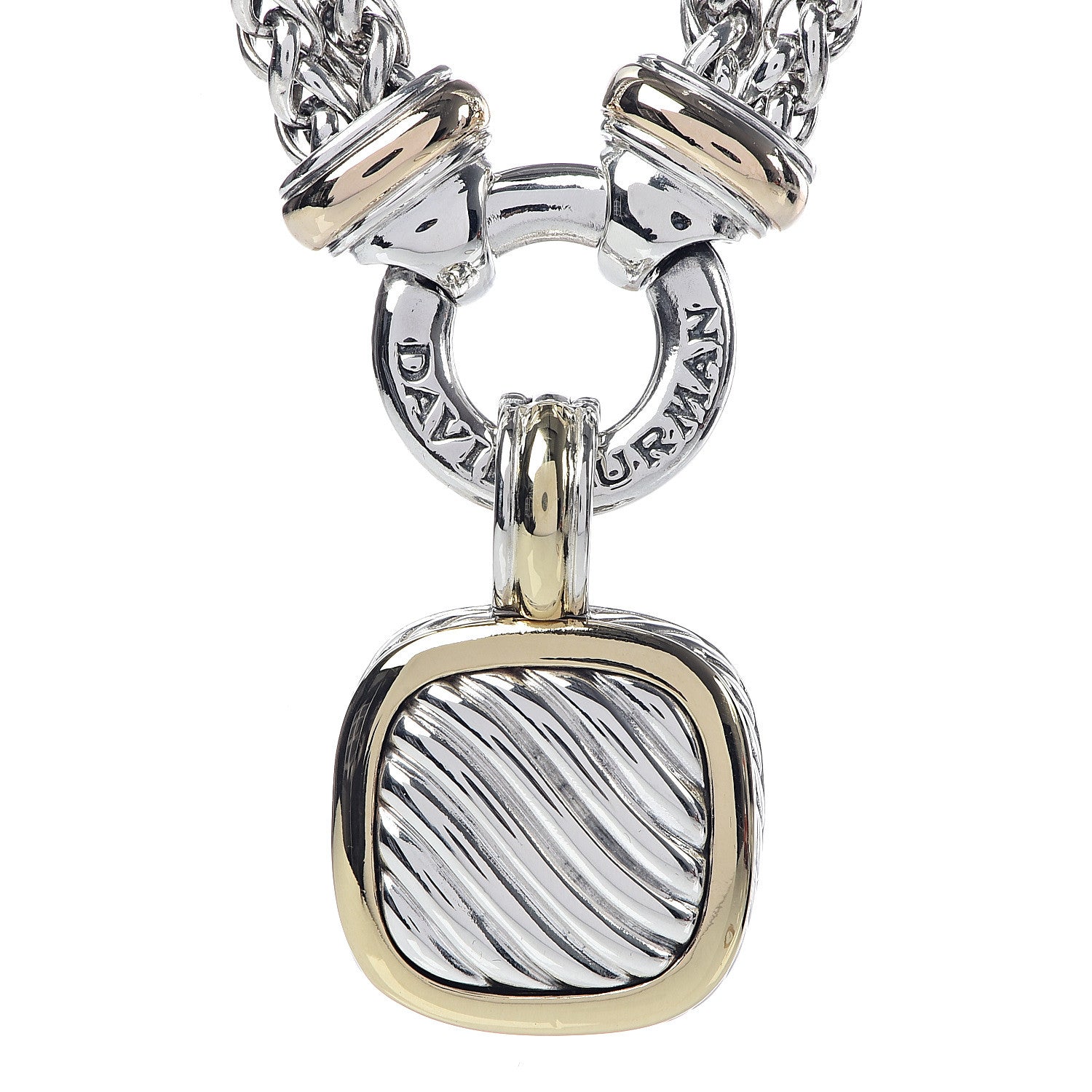 David Yurman Sterling Silver 18K Yellow Gold 14K Yellow Gold Double Wheat Chain Carved Cable Pendant Necklace 5 of 7
