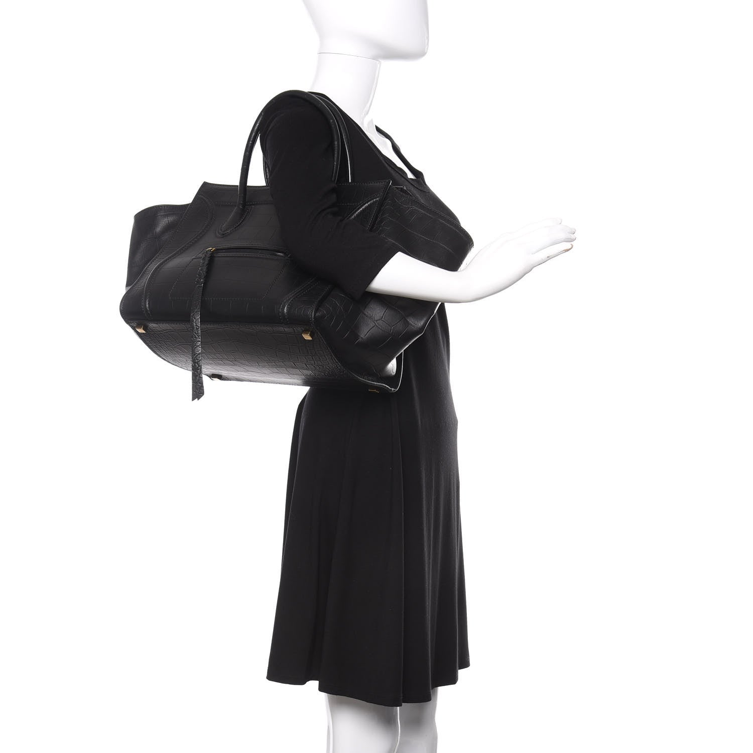 Celine Crocodile Embossed Calfskin Medium Phantom Luggage Black 2 of 14