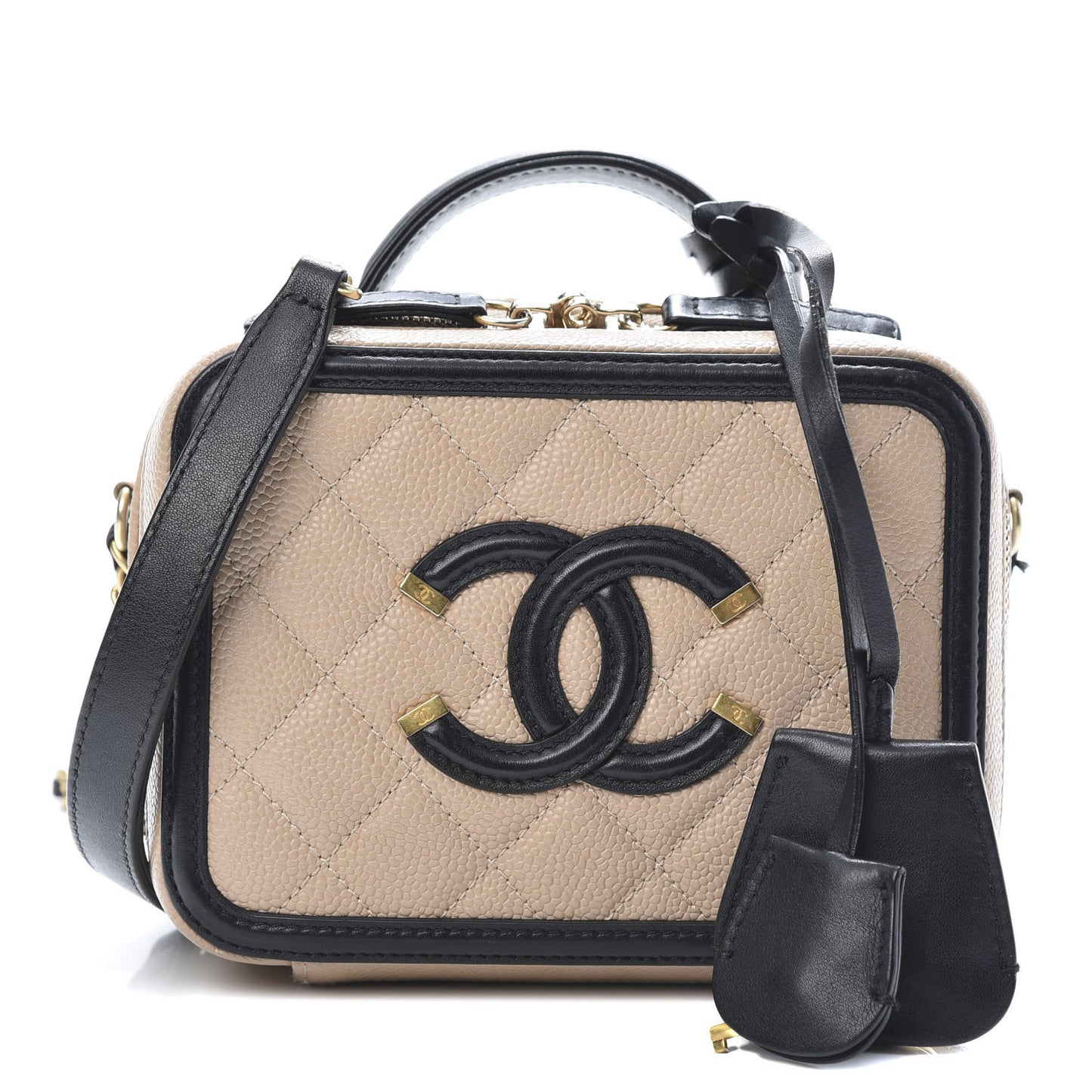 Caviar Quilted Small CC Filigree Vanity Case Beige Black