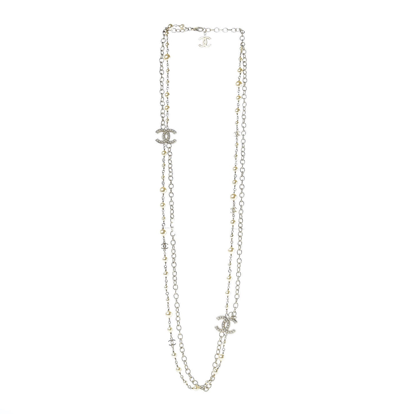 Graduated Pearl Double Chain CC Long Necklace Golden Pearly White