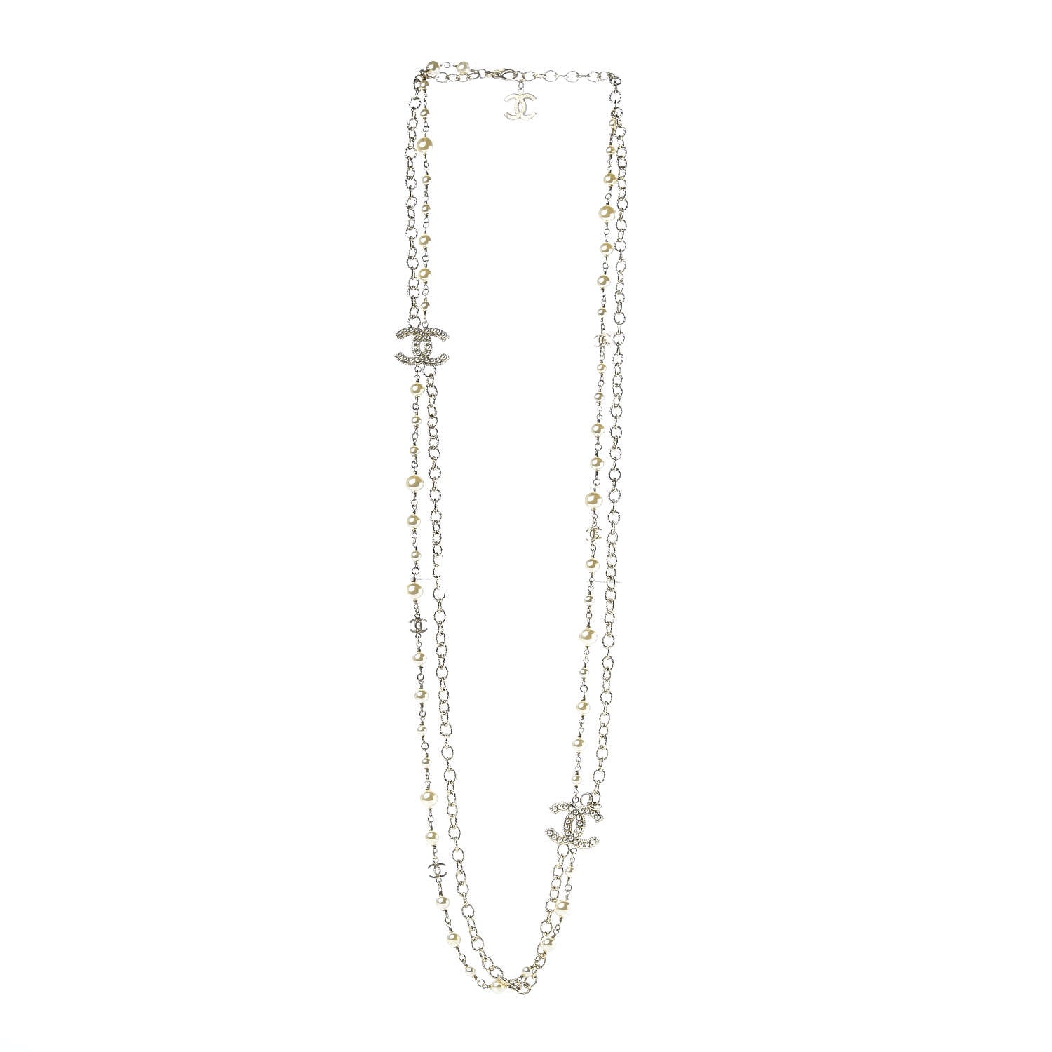 Chanel Graduated Pearl Double Chain CC Long Necklace Golden Pearly White 3 of 6