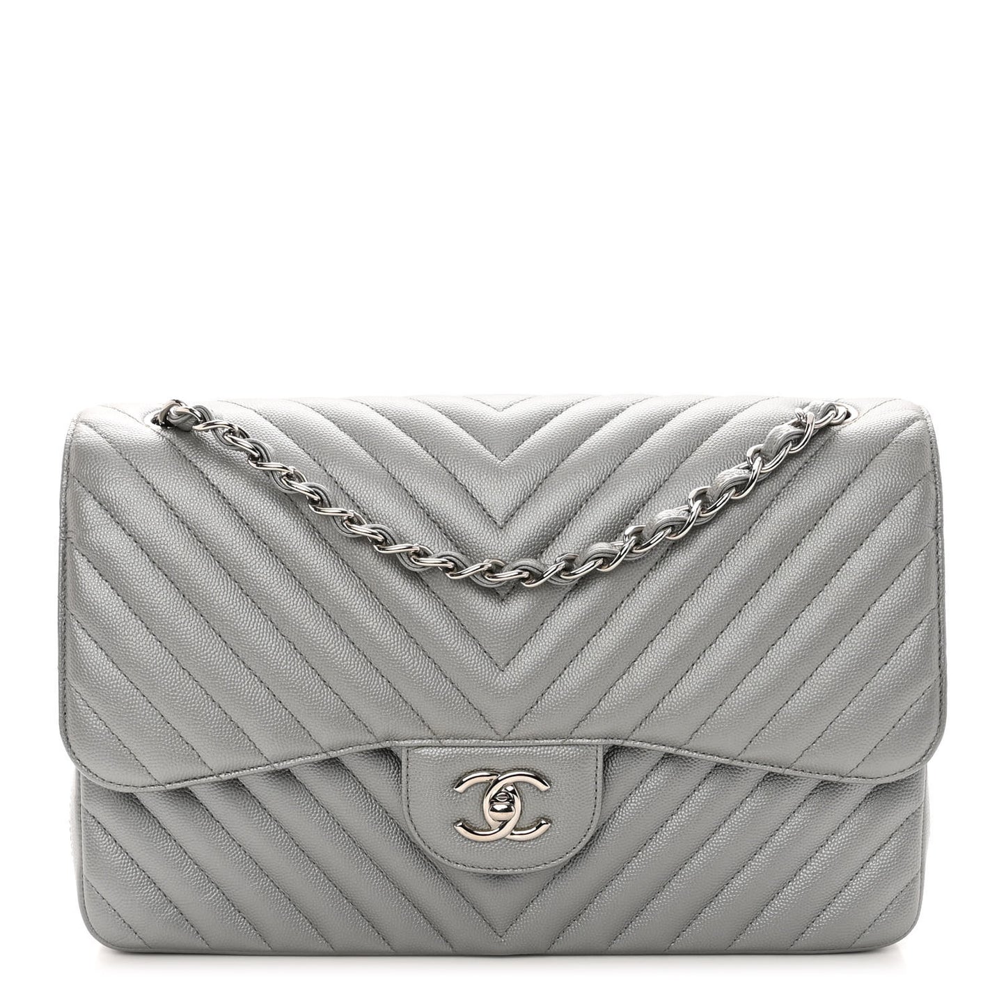 Metallic Caviar Chevron Quilted Jumbo Double Flap Silver