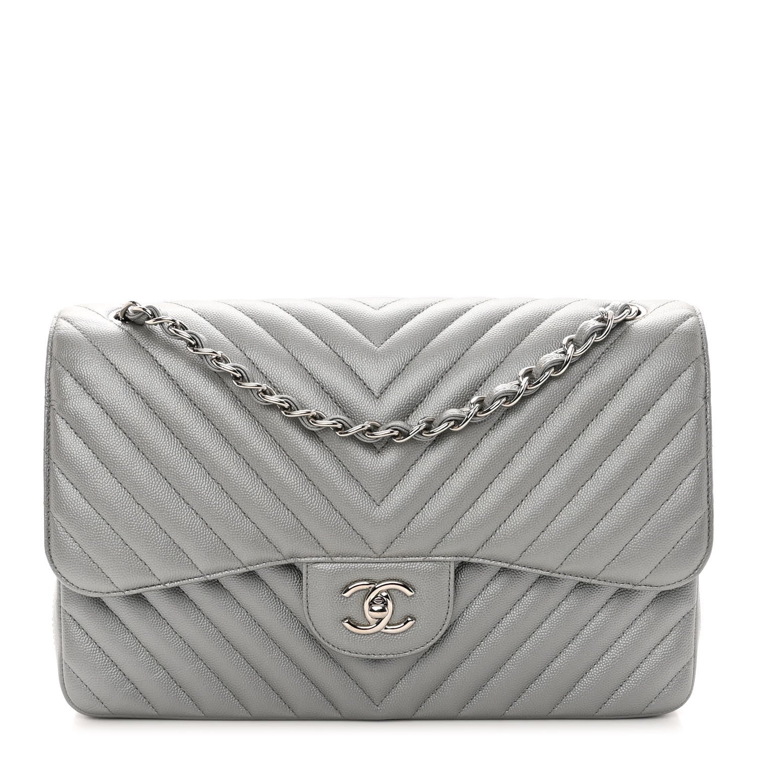 Chanel Metallic Caviar Chevron Quilted Jumbo Double Flap Silver 1 of 10