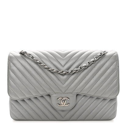 Chanel Metallic Caviar Chevron Quilted Jumbo Double Flap Silver 1 of 10