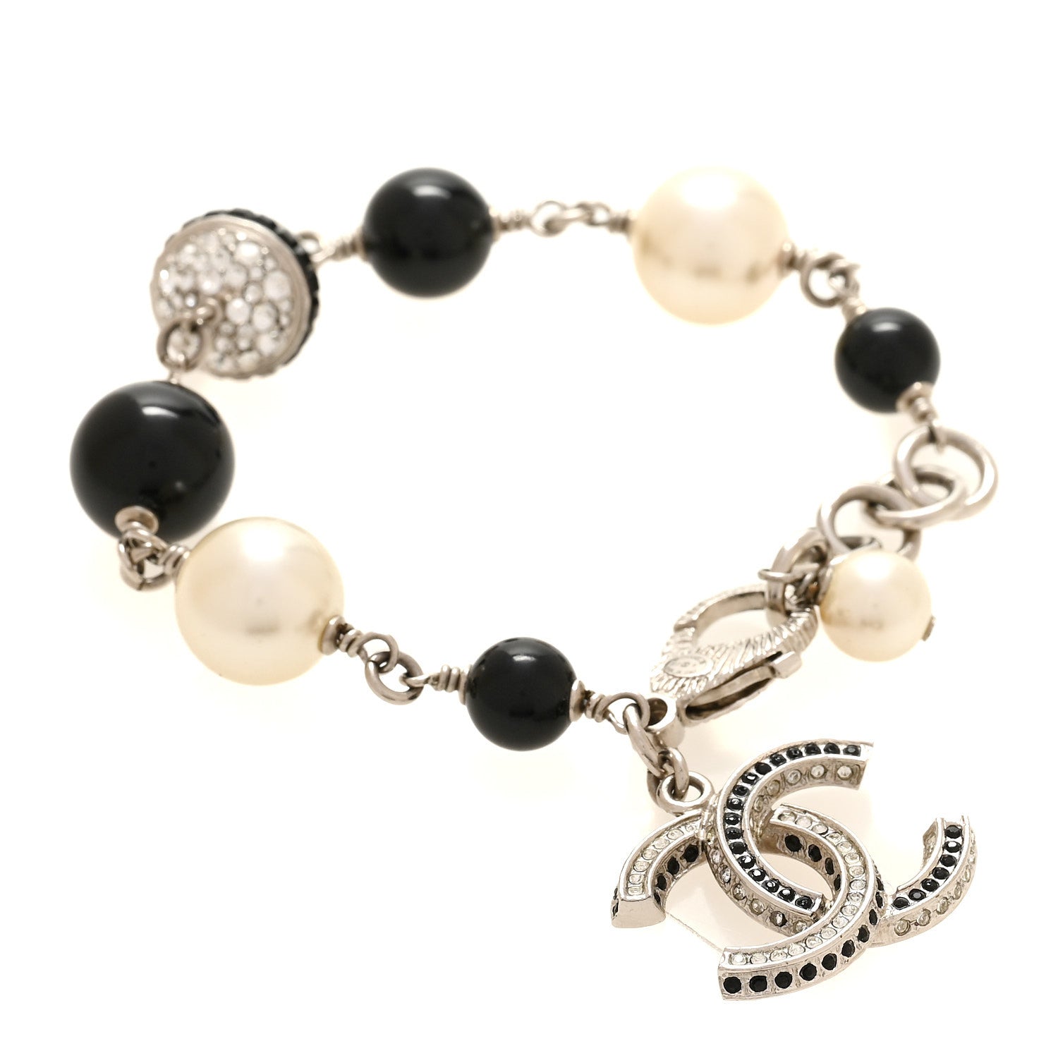 Chanel Pearl Bead Crystal CC Bracelet White Black Silver 3 of 4