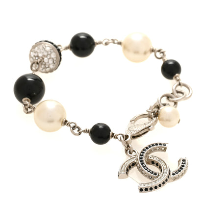 Chanel Pearl Bead Crystal CC Bracelet White Black Silver 3 of 4