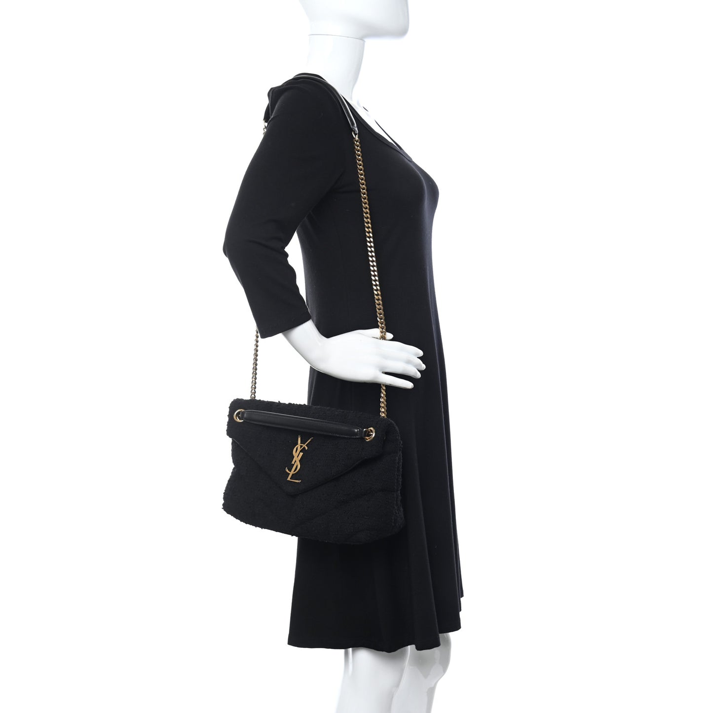 Tweed Quilted Small Loulou Puffer Monogram Chain Satchel Black