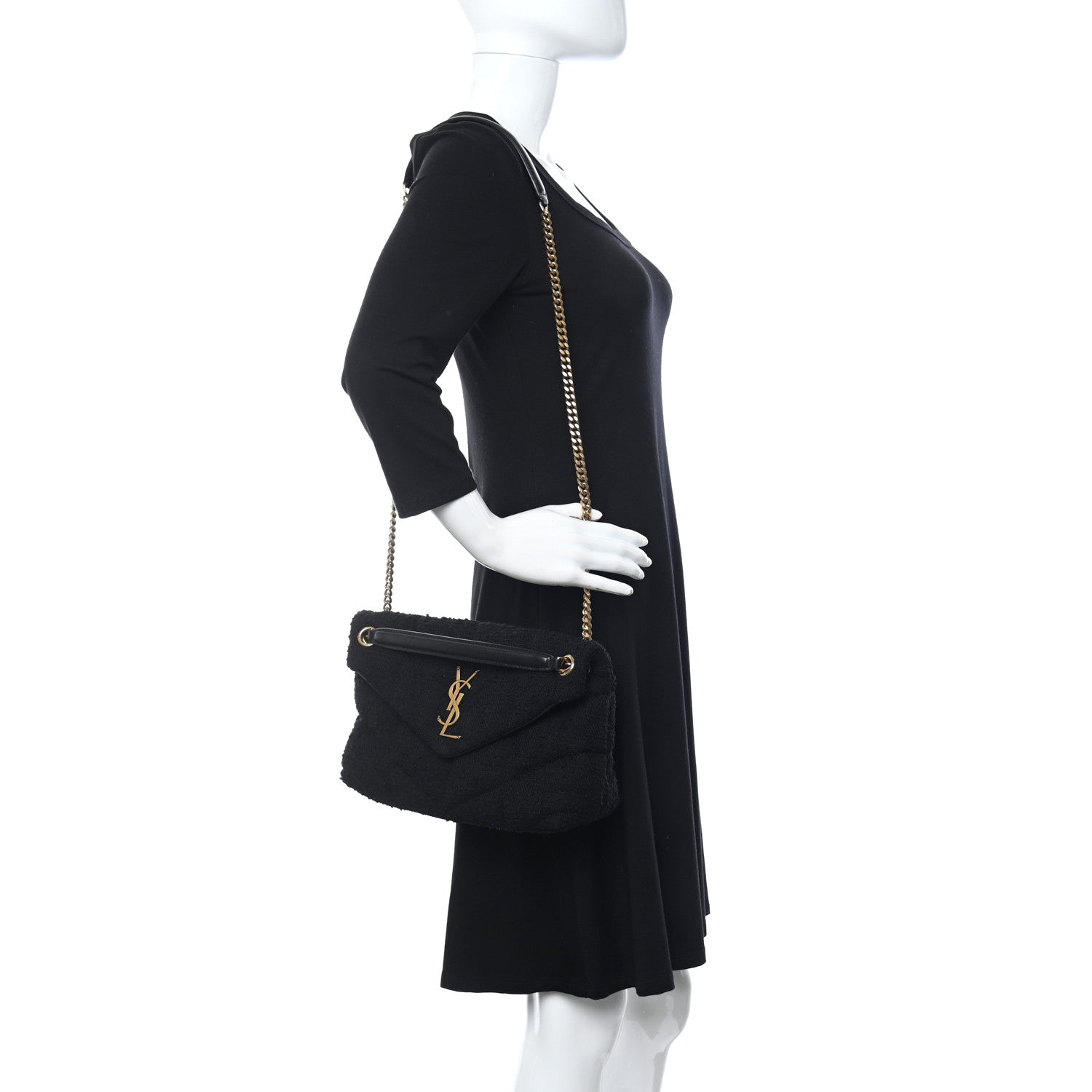 Saint Laurent Tweed Quilted Small Loulou Puffer Monogram Chain Satchel Black 2 of 10