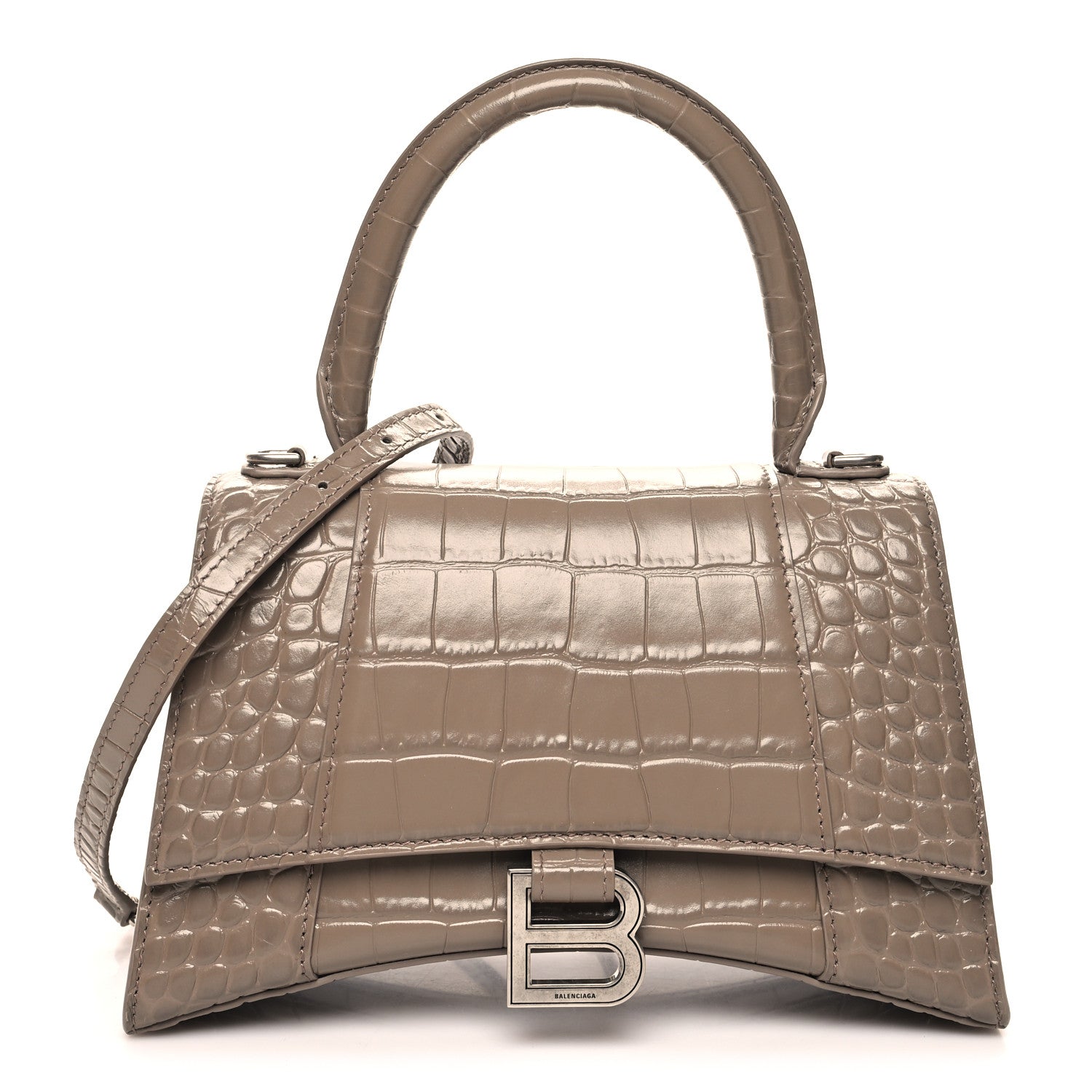 Balenciaga Shiny Calfskin Crocodile Embossed Small Hourglass Top Handle Bag Mink Grey 1 of 12