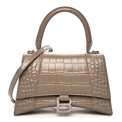 Balenciaga Shiny Calfskin Crocodile Embossed Small Hourglass Top Handle Bag Mink Grey 1 of 12