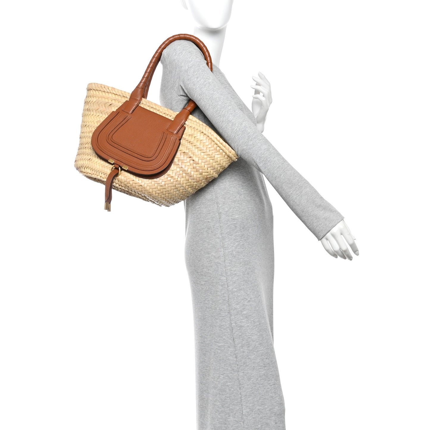 Raffia Small Grain Calfskin Medium Marcie Basket Tan