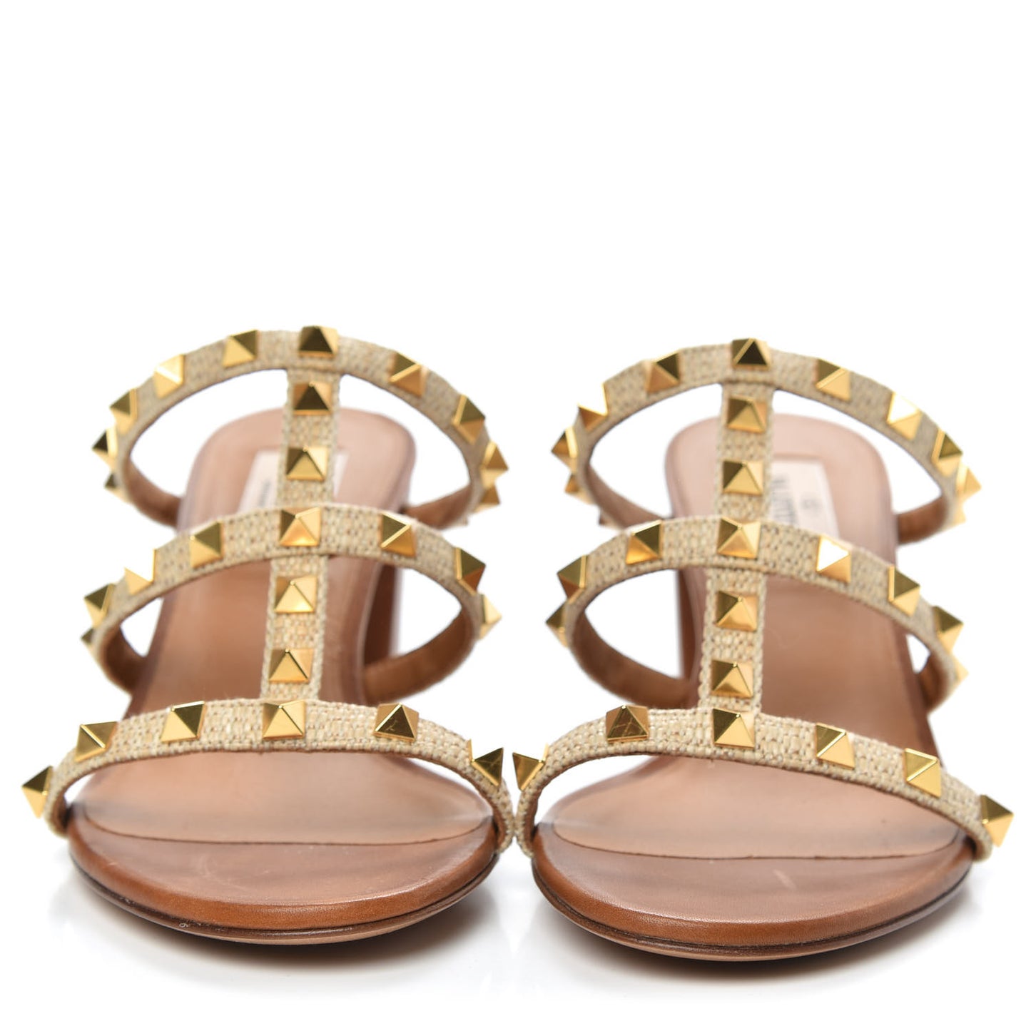 Raffia Calfskin Rockstud 60mm Caged Slide Sandals 36.5 Naturale