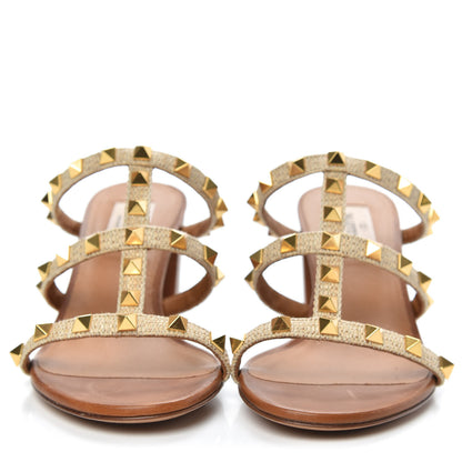Valentino Garavani Raffia Calfskin Rockstud 60mm Caged Slide Sandals 36.5 Naturale 2 of 9