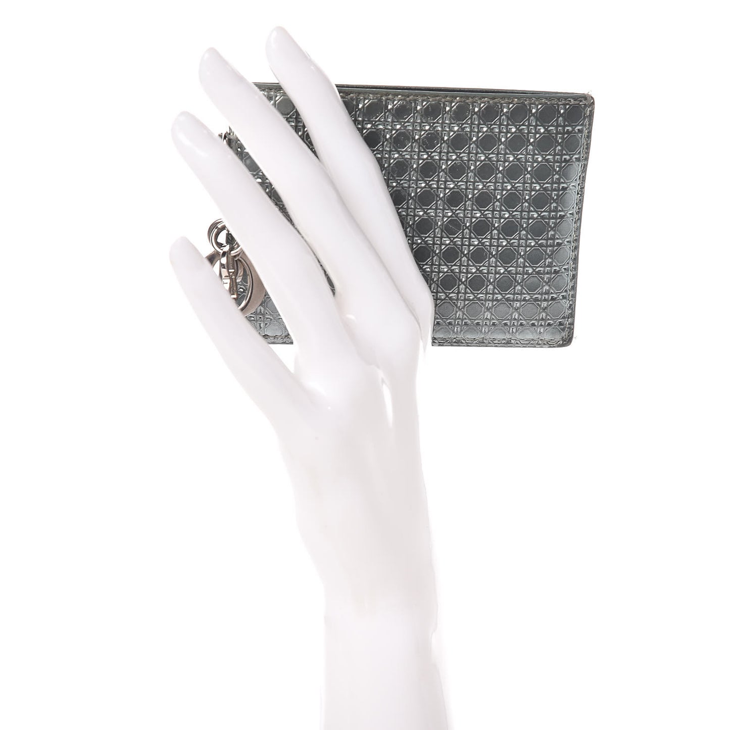 Metallic Patent Micro-Cannage Lady Dior Card Holder Silver