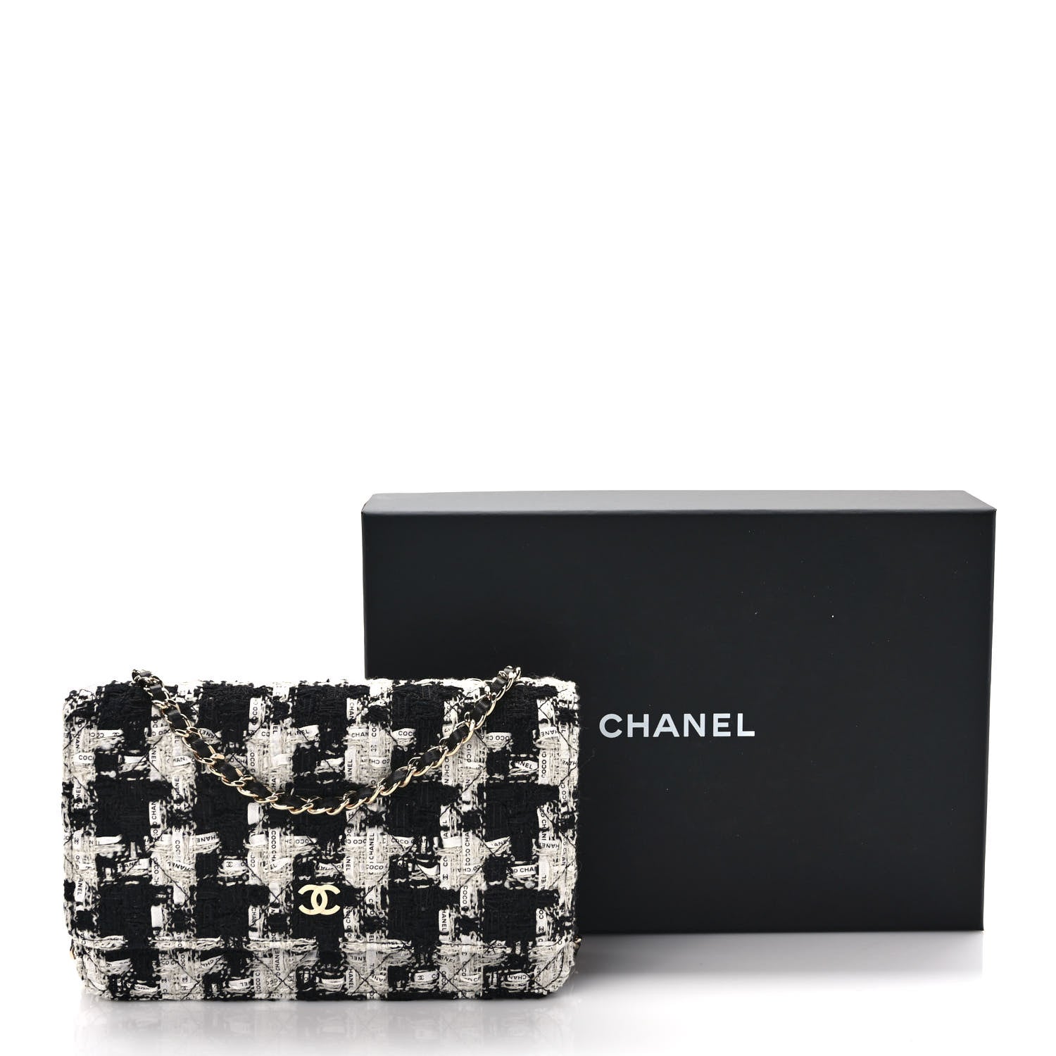 Chanel Tweed Quilted Wallet On Chain WOC Black Ecru White 10 of 10