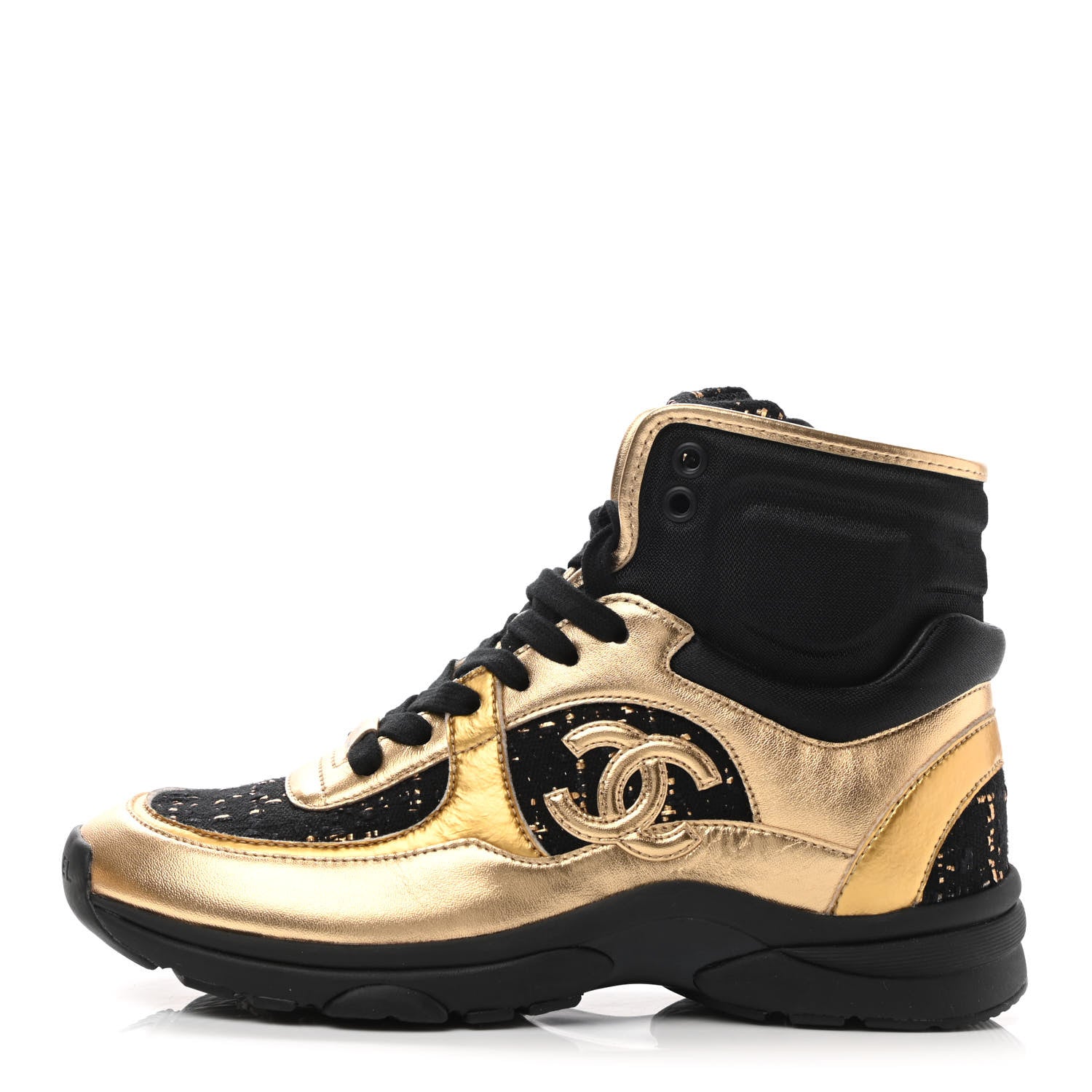 Chanel Satin Lambskin Fabric Tweed CC High Top Sneakers 35.5 Black Gold 1 of 8