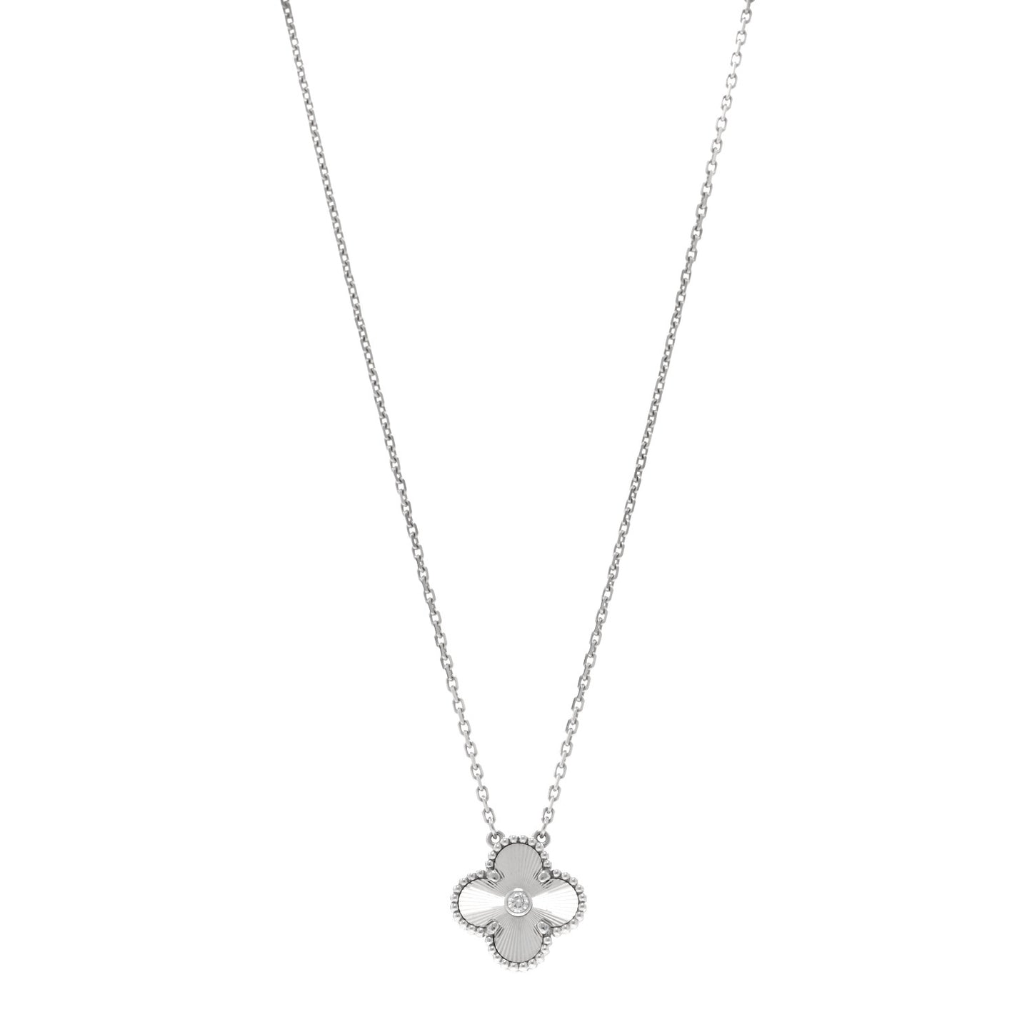 18K White Gold Diamond Guilloche Vintage Alhambra Pendant Necklace