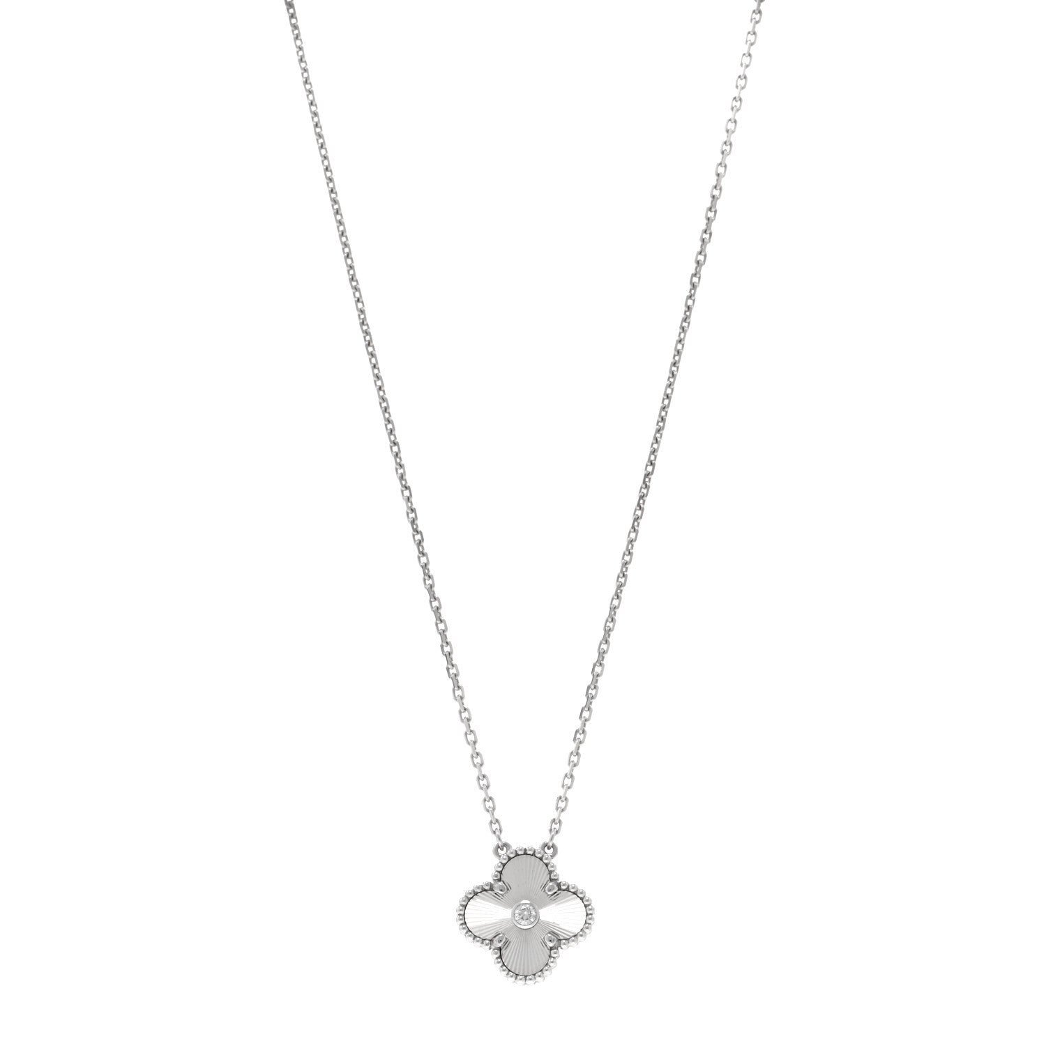 Van Cleef & Arpels 18K White Gold Diamond Guilloche Vintage Alhambra Pendant Necklace 1 of 6