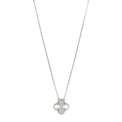 Van Cleef & Arpels 18K White Gold Diamond Guilloche Vintage Alhambra Pendant Necklace 1 of 6
