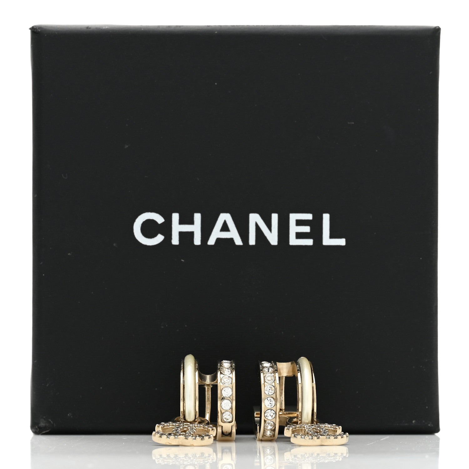 Chanel Crystal CC Hoop Drop Earrings Gold Pearly White 5 of 5