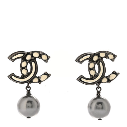 Chanel Enamel Bead CC Drop Clip On Earrings Ruthenium White 1 of 6