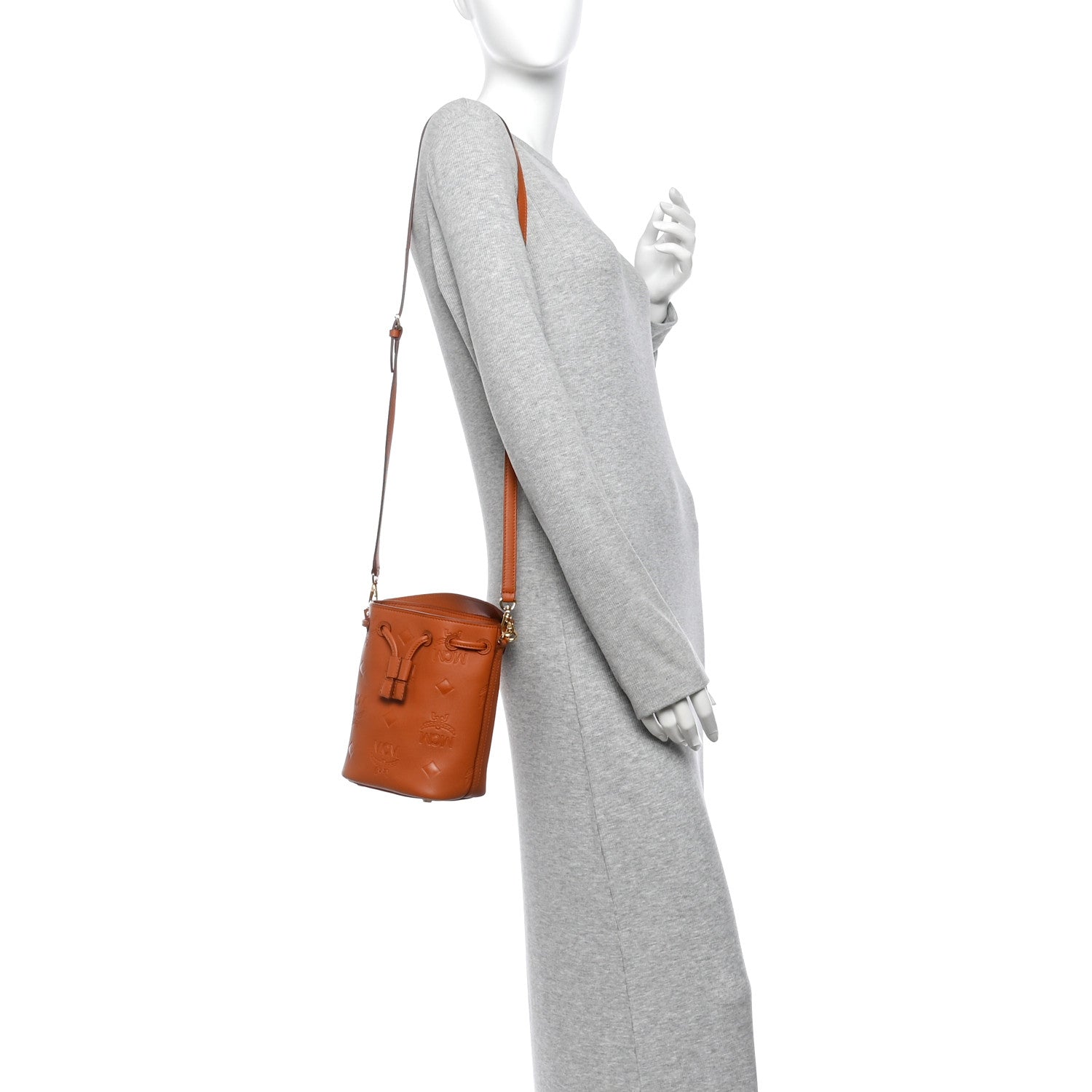 MCM Calfskin Embossed Monogram Mini Dessau Drawstring Bucket Bag Cognac 2 of 9