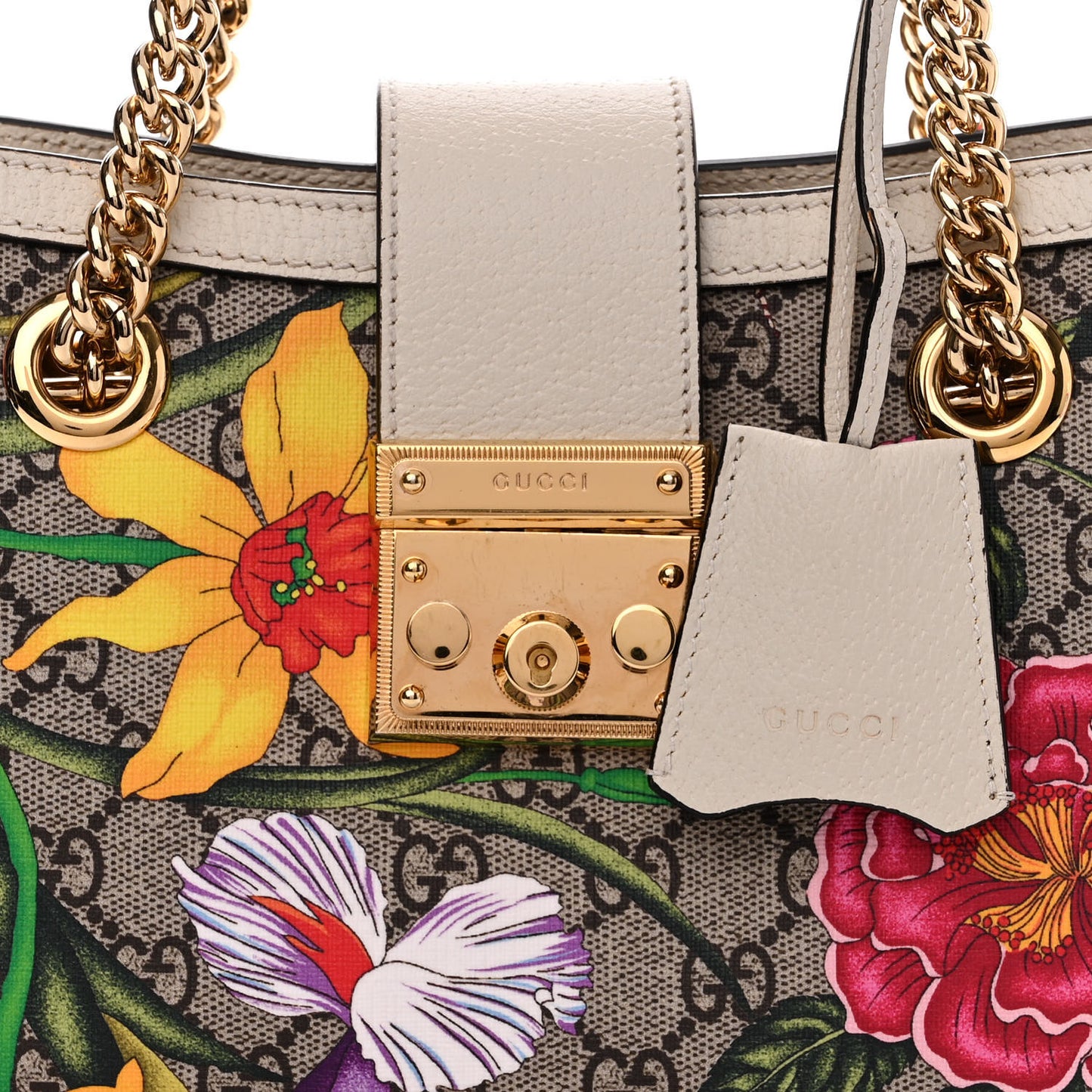 GG Supreme Monogram Flora Textured Calfskin Small Padlock Tote Beige Ebony Multicolor Mystic White
