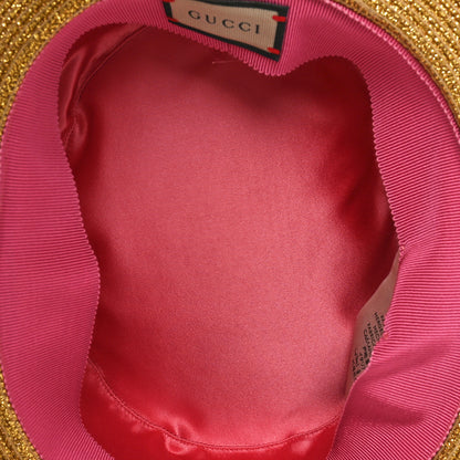 Gucci Glittered Straw Grosgrain Wide Brim Hat Gold Black 7 of 9