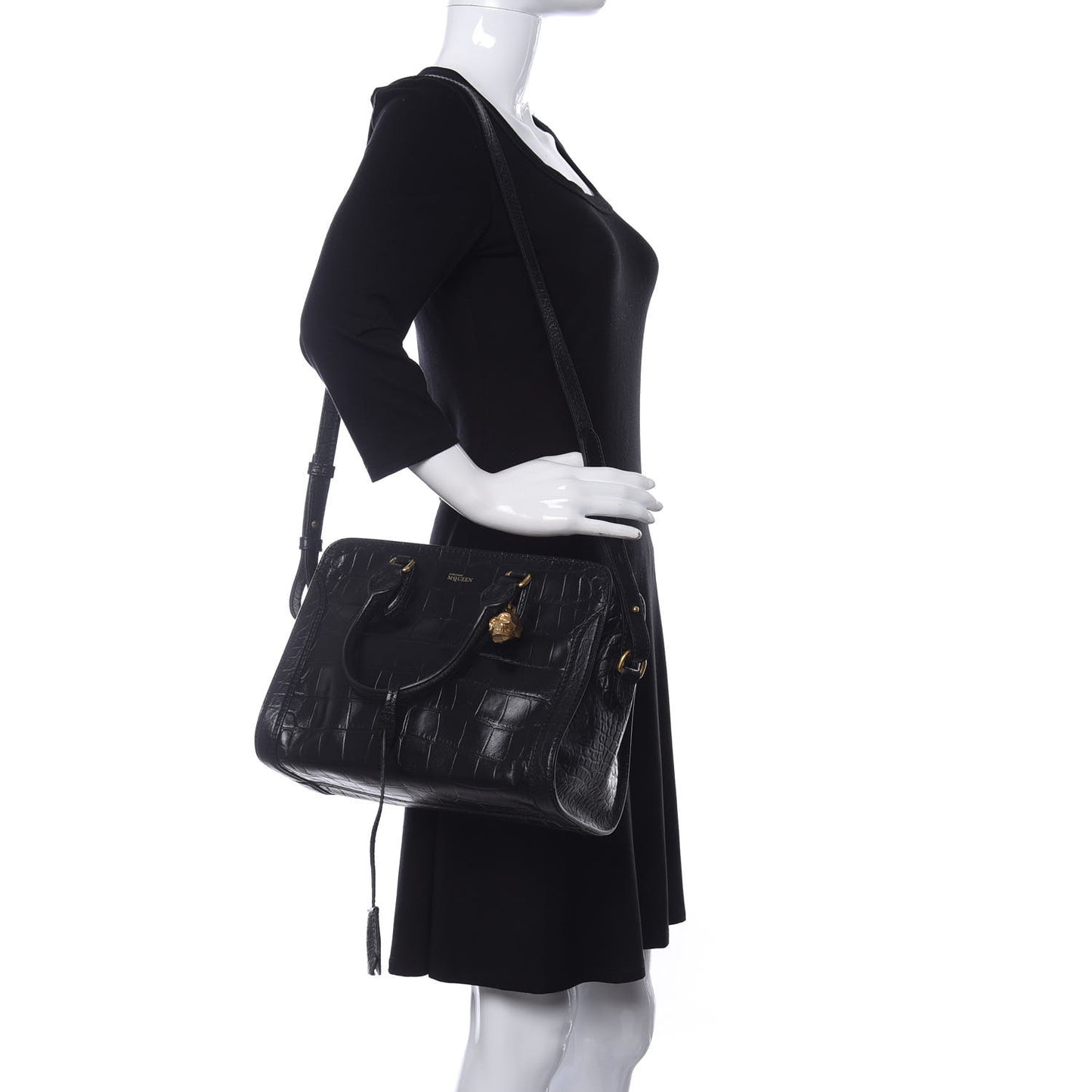 Calfskin Crocodile Embossed Small Skull Padlock Zip Around Tote Black