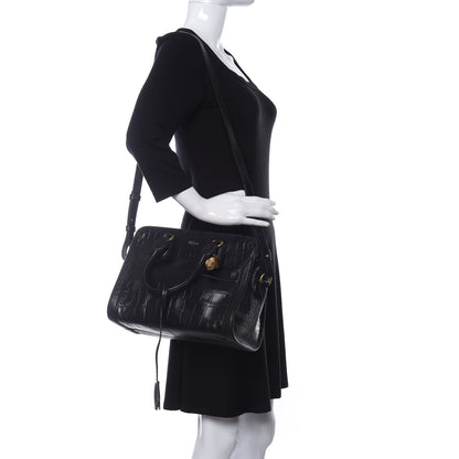 Alexander McQueen Calfskin Crocodile Embossed Small Skull Padlock Zip Around Tote Black 2 of 10