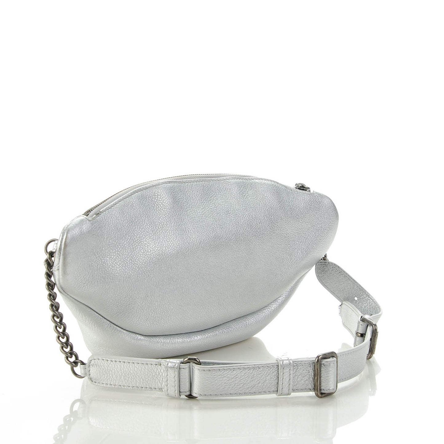 Metallic Grained Calfskin Quilted Casual Rock Waist Bag Fanny Pack Silver