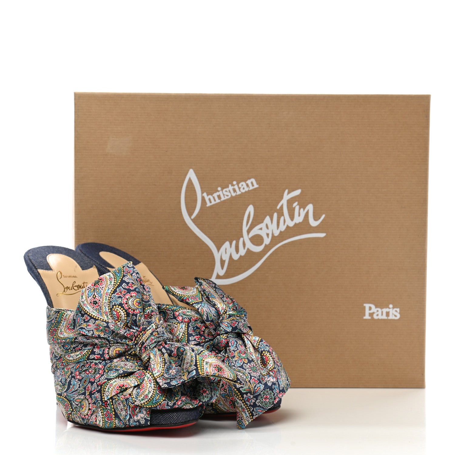 Christian Louboutin Satin Paisley Denim Moniquissima 120 Platform Slide Sandals 39 Positano Blue 8 of 8