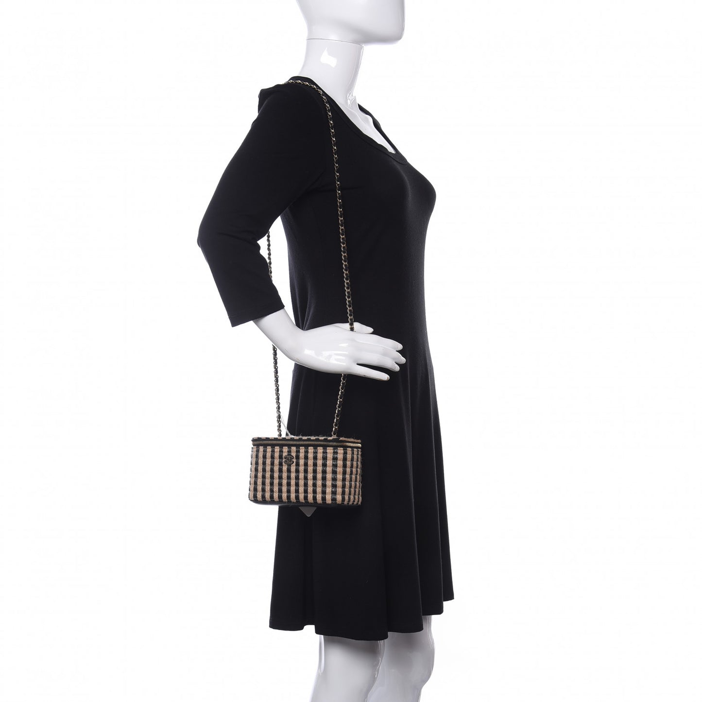 Raffia Jute Striped Small Vanity Case With Chain Black Beige