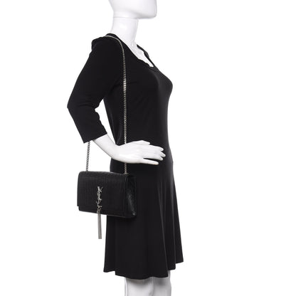 Saint Laurent Calfskin Crocodile Embossed Medium Classic Monogram Kate Tassel Satchel Black 2 of 10