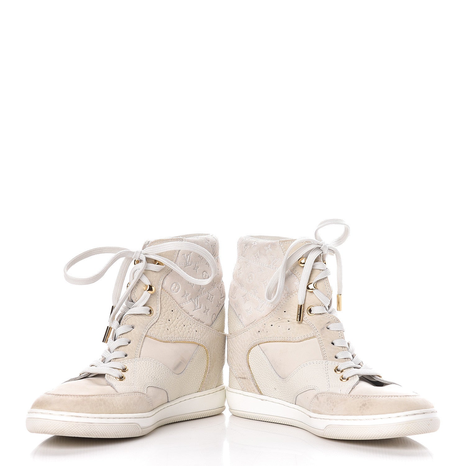 Louis Vuitton Calfskin Suede Monogram Cliff Top Wedge Sneakers 38 Ivory 14 of 14