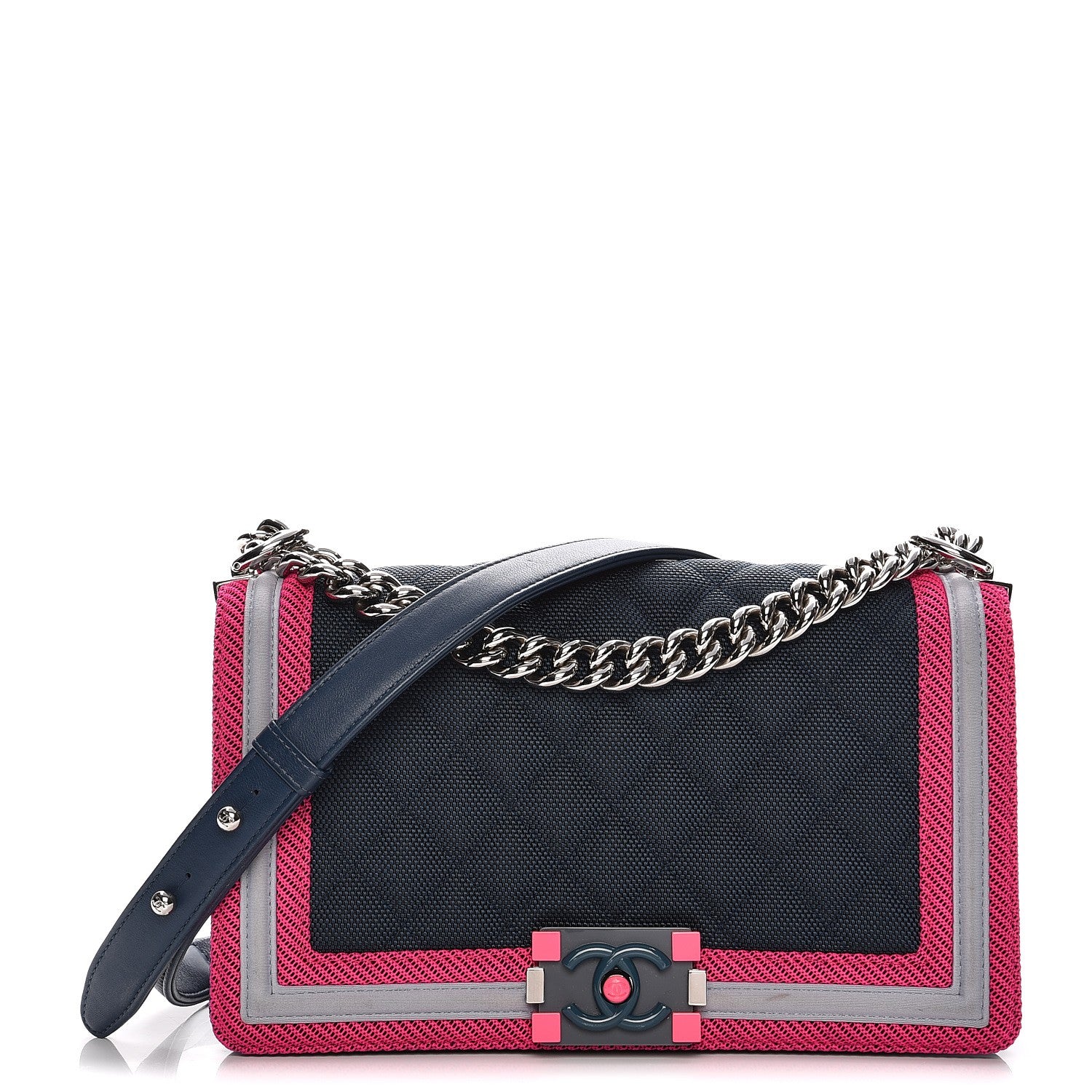 Chanel Canvas Quilted Medium Fluo Boy Flap Dark Navy Fuchsia Grey 1 of 8