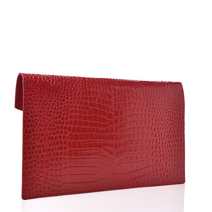 Saint Laurent Calfskin Crocodile Embossed Uptown Monogram Clutch Rouge Eros 2 of 6