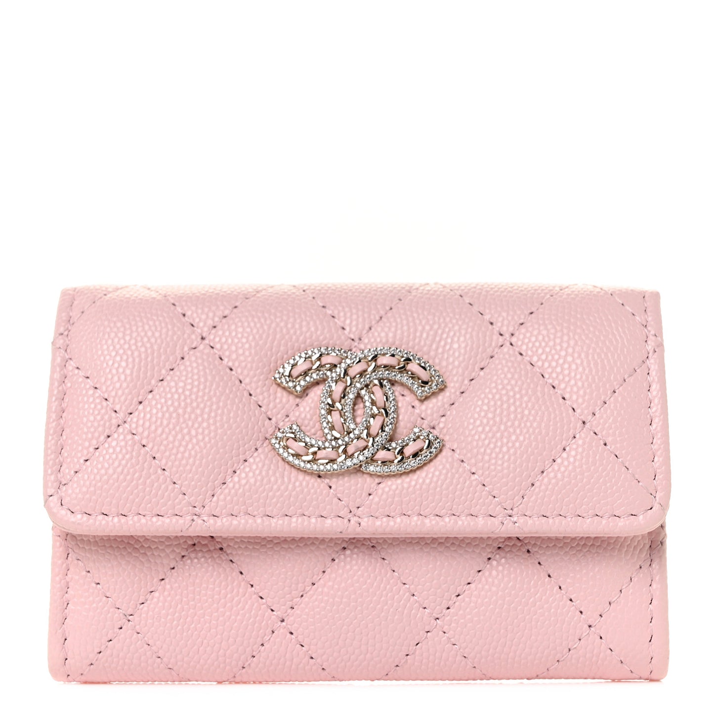 Caviar Quilted Crystal CC Flap Card Holder Pink