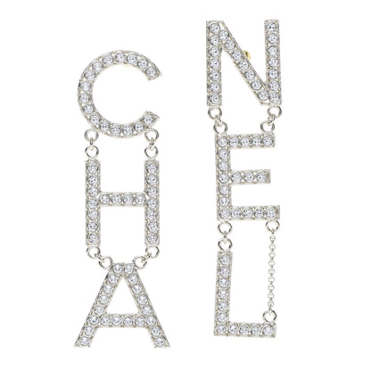 Chanel Crystal Cha-Nel Logo Drop Earrings Gold 1 of 5