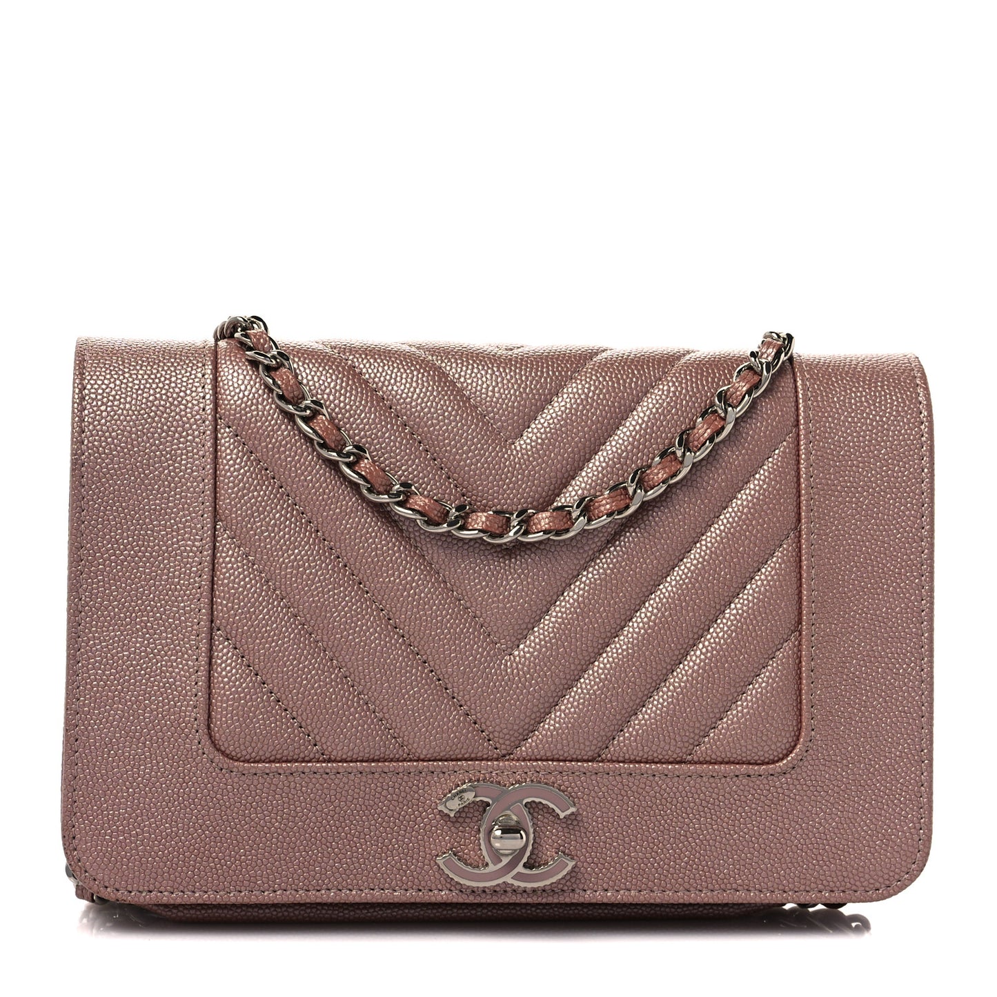 Metallic Caviar Chevron Quilted Vintage Mademoiselle Wallet On Chain WOC Pink