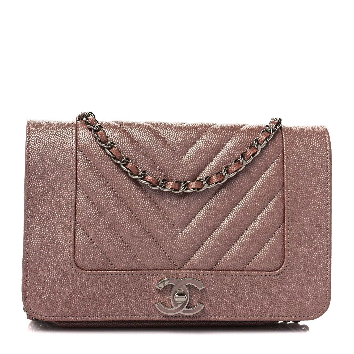 Chanel Metallic Caviar Chevron Quilted Vintage Mademoiselle Wallet On Chain WOC Pink 1 of 9